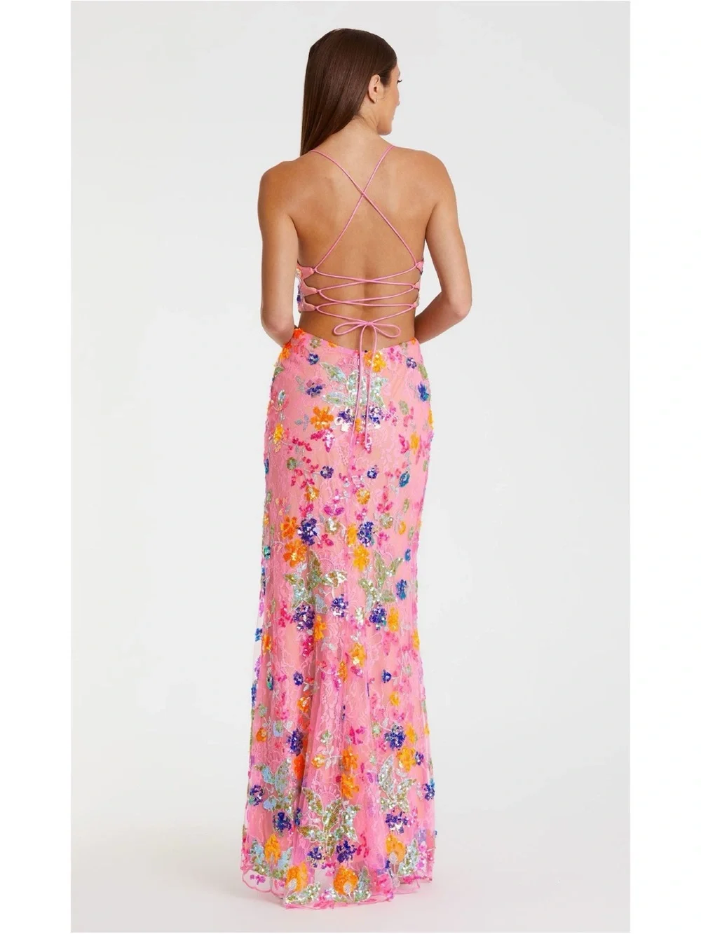 Mac Duggal Pink Floral Sequin Backless Lace-Up Evening Gown Maxi Beaded Dress 6 - Picture 10 of 12